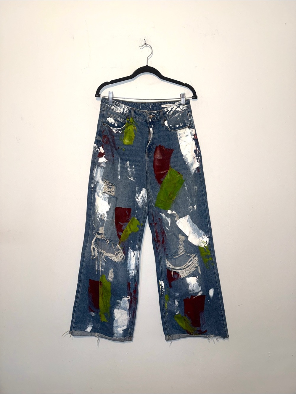 Forever 21 Blue Wide-Leg Paint-Splatter & Distressed Jeans